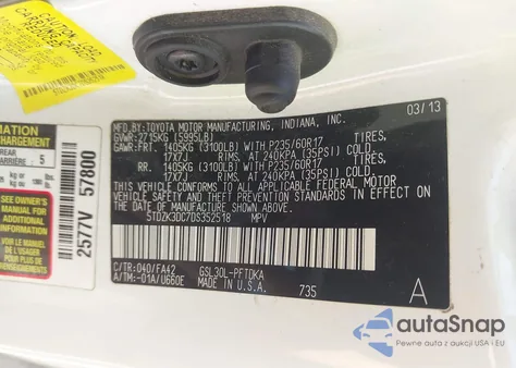 2013 Toyota Sienna L V6 7 Passenger z USA, uszkodzony, nr VIN 5TDZK3DC7DS352518